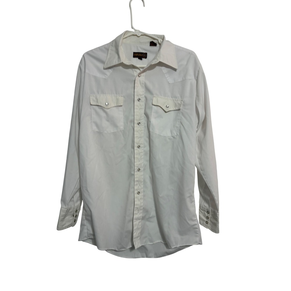 Sheplers Western Shirt Cowboy White Pearl Snap Pockets 16 34 S Vintage Aesthetic